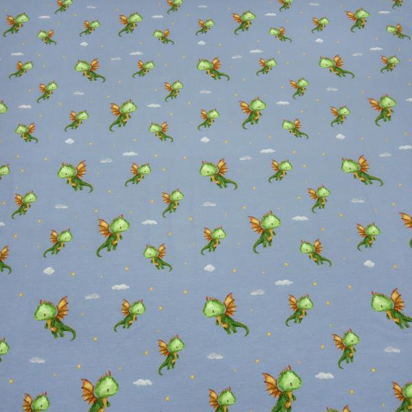 Fabric cotton jersey Little Dragon dragon design blue green brown colorful children's fabric dress fabric