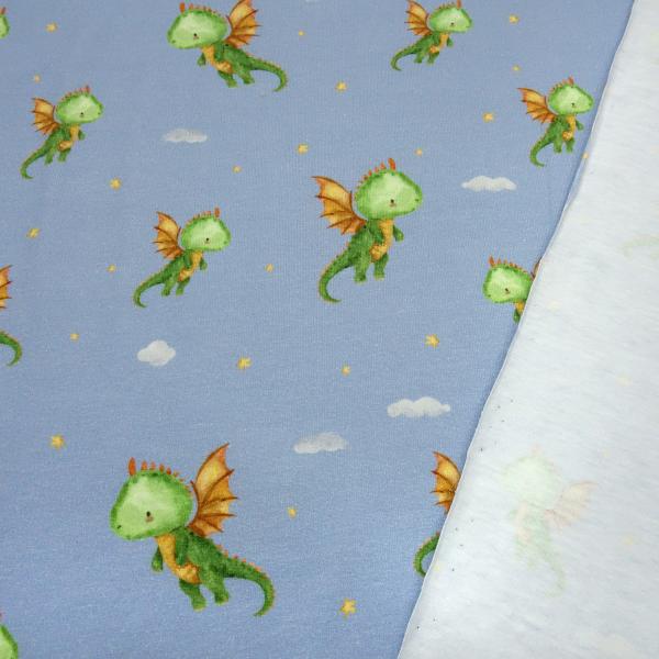 Fabric cotton jersey Little Dragon dragon design blue green brown colorful children's fabric dress fabric