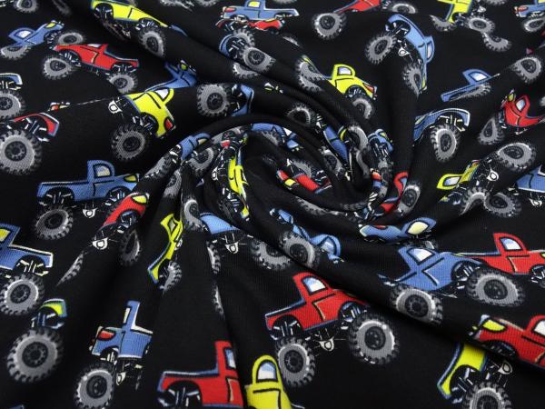 Fabric cotton jersey monster truck cars design black red blue yellow colorful children's fabric dress fabric