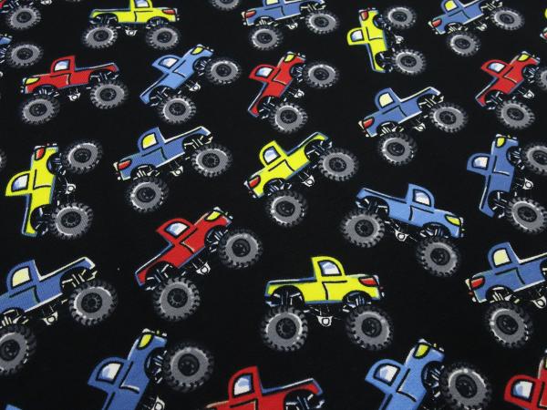 Fabric cotton jersey monster truck cars design black red blue yellow colorful children's fabric dress fabric