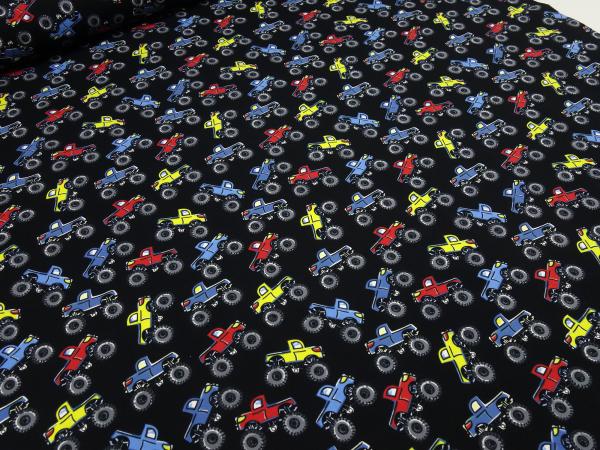 Fabric cotton jersey monster truck cars design black red blue yellow colorful children's fabric dress fabric