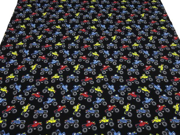 Fabric cotton jersey monster truck cars design black red blue yellow colorful children's fabric dress fabric