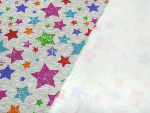 Stoff Sweatshirtstoff mit Alpenfleece Abseite mit vintage Sterne Design grau melange blau pink grün bunt Kinderstoff Kleiderstoff Hoodiestoff