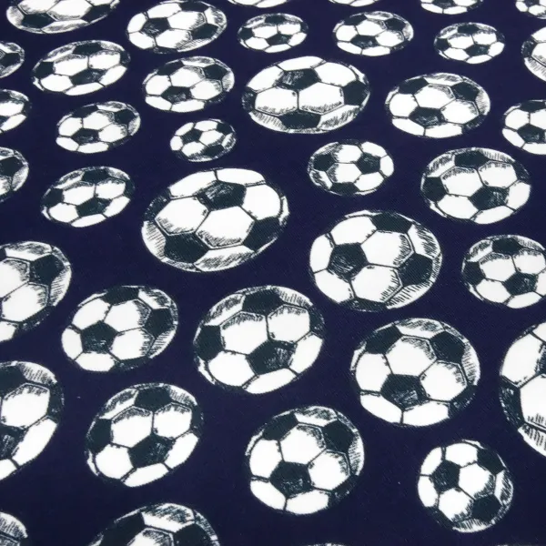 Cotton Jersey Fabric with Soccer Ball Design in Navy Blue, White, and Black—Children's Clothing Fabric