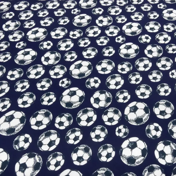 Cotton Jersey Fabric with Soccer Ball Design in Navy Blue, White, and Black—Children's Clothing Fabric