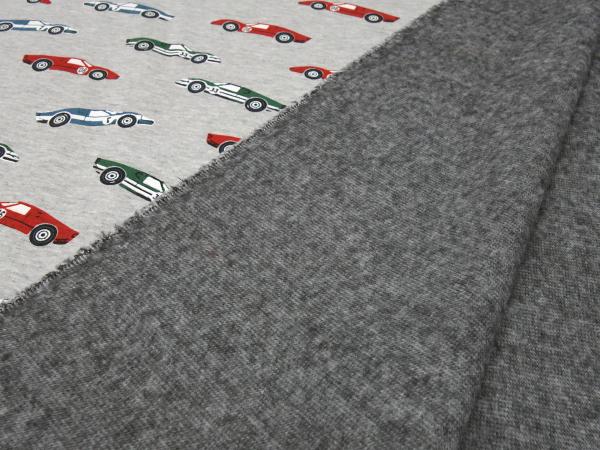 Stoff Sweatshirtstoff mit Alpenfleece Abseite mit Rennwagen Rennauto Design hellgrau melange rot grün blau bunt Kinderstoff Kleiderstoff Hoodiestoff