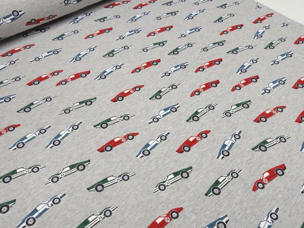 Stoff Sweatshirtstoff mit Alpenfleece Abseite mit Rennwagen Rennauto Design hellgrau melange rot grün blau bunt Kinderstoff Kleiderstoff Hoodiestoff