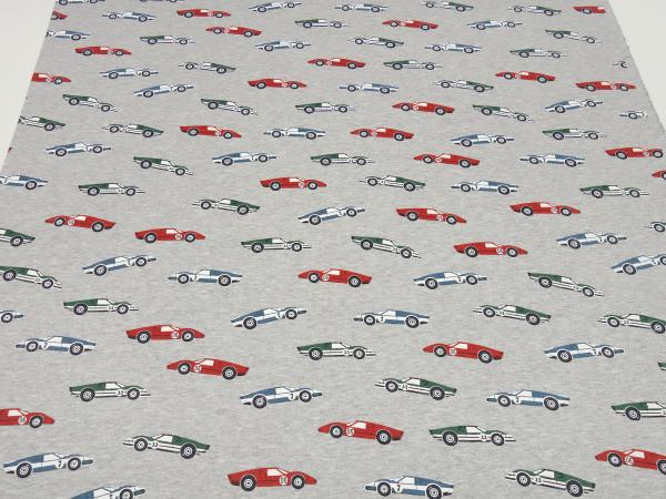 Stoff Sweatshirtstoff mit Alpenfleece Abseite mit Rennwagen Rennauto Design hellgrau melange rot grün blau bunt Kinderstoff Kleiderstoff Hoodiestoff
