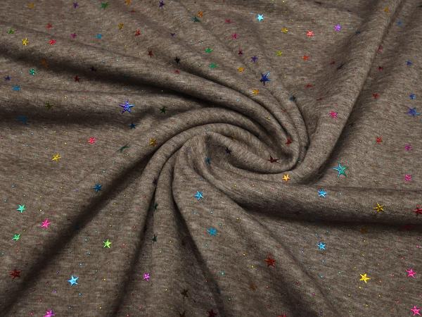 Fabric alpine fleece sweatshirt fabric with glitter stars stars design brown taupé multicolor colorful dress fabric children's fabric hoodie fabric
