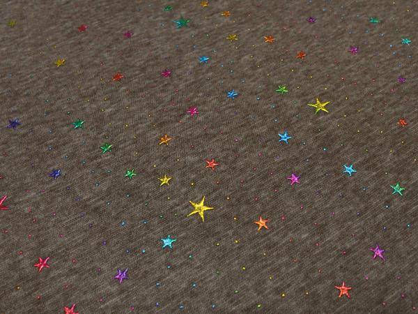 Fabric alpine fleece sweatshirt fabric with glitter stars stars design brown taupé multicolor colorful dress fabric children's fabric hoodie fabric