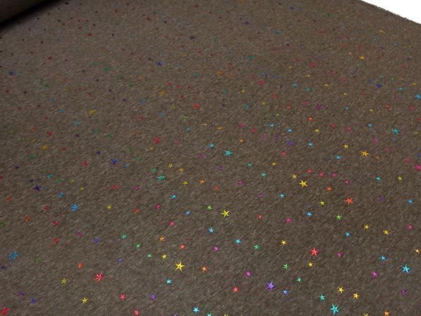 Fabric alpine fleece sweatshirt fabric with glitter stars stars design brown taupé multicolor colorful dress fabric children's fabric hoodie fabric
