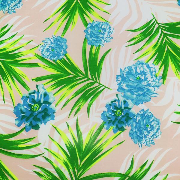 Fabric chiffon crepe blouse fabric dress fabric with flowers palm leaves design green neon green blue old pink cream