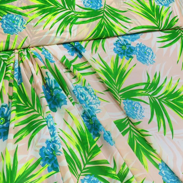 Fabric chiffon crepe blouse fabric dress fabric with flowers palm leaves design green neon green blue old pink cream