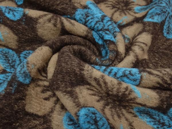 2. Wahl (Falten) Stoff Ital. Musterwalk Walkloden Kochwolle gekochte Wolle mit Blumen Blätter Design braun beige türkis Mantelstoff Kleiderstoff