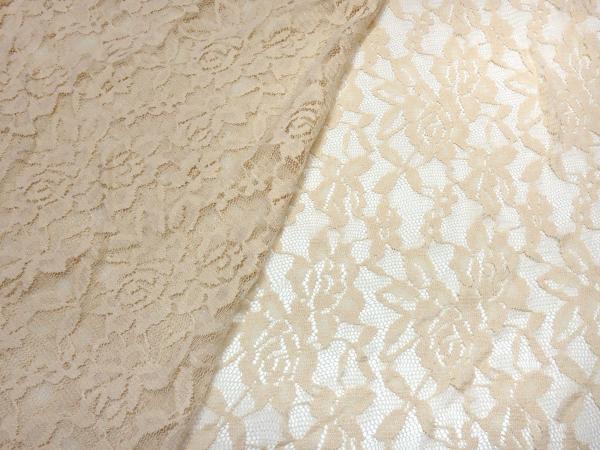 Stoff Stretch Spitze Spitzenstoff Blumen Rosen Ranken Design beige sand Kleiderstoff