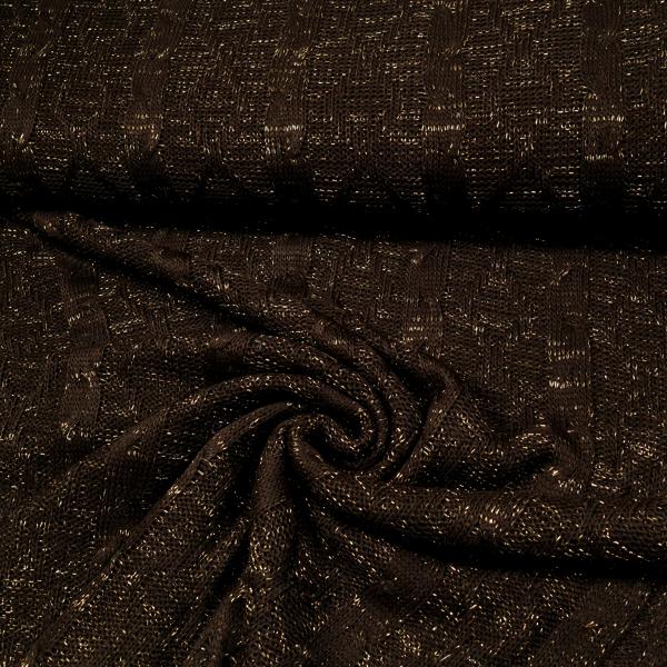 Fabric chunky knit fabric with cable pattern and lurex thread brown gold shiny dress fabric sweater fabric