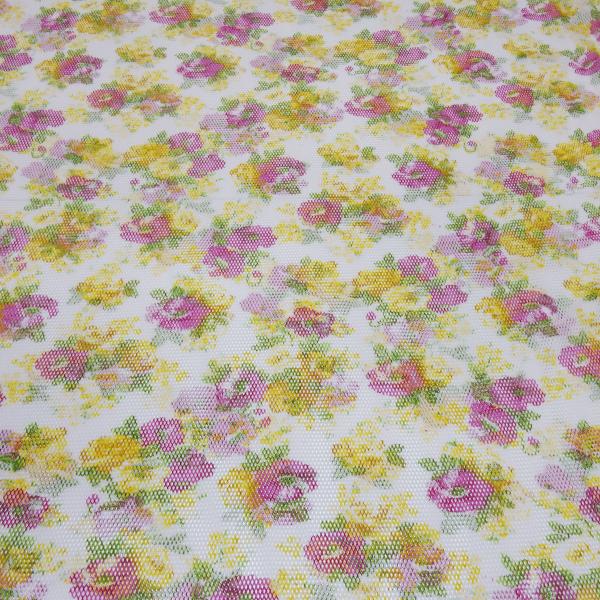 Stoff Stretch Netzstoff mit Blumenmuster Design weiß gelb pink grün Kleiderstoff