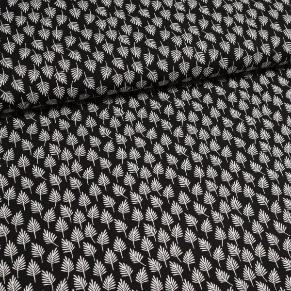 Fabric viscose jersey with leaves trees fir tree design black white dress fabric children's fabric