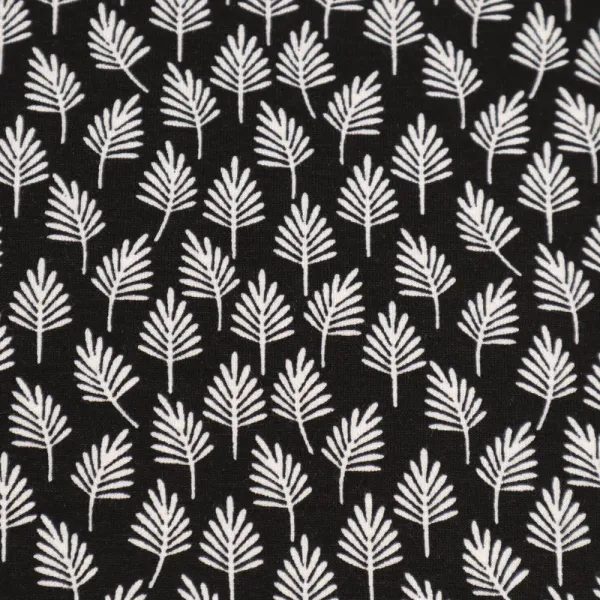 Fabric viscose jersey with leaves trees fir tree design black white dress fabric children's fabric
