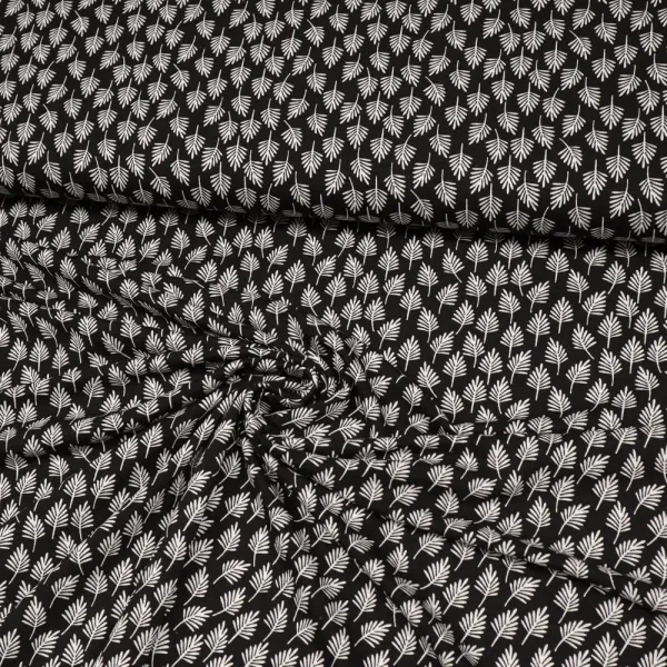 Fabric viscose jersey with leaves trees fir tree design black white dress fabric children's fabric