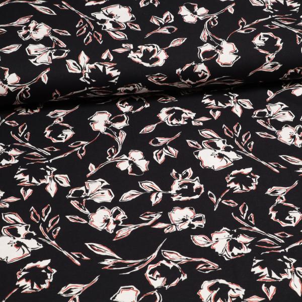 Stoff Viskose Jersey Blumenmuster Rosen Design schwarz rot weiß Kleiderstoff Kinderstoff