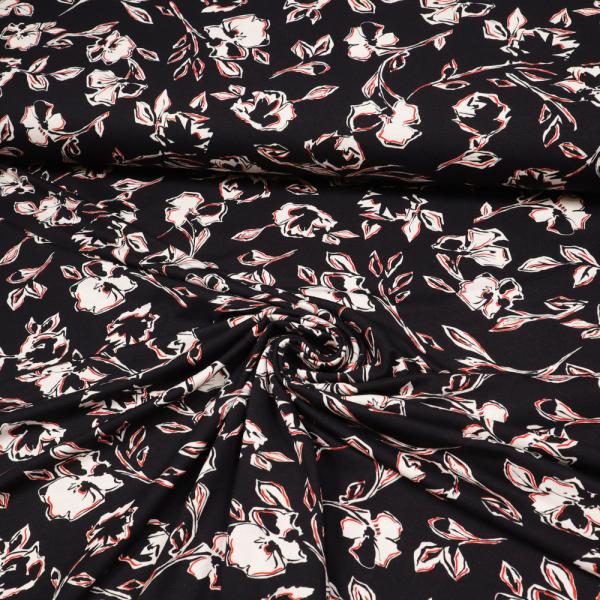 Stoff Viskose Jersey Blumenmuster Rosen Design schwarz rot weiß Kleiderstoff Kinderstoff