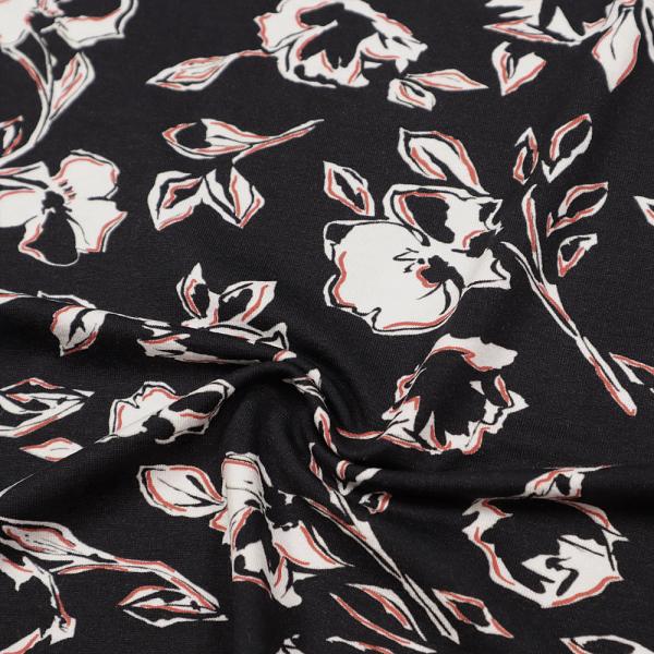 Stoff Viskose Jersey Blumenmuster Rosen Design schwarz rot weiß Kleiderstoff Kinderstoff