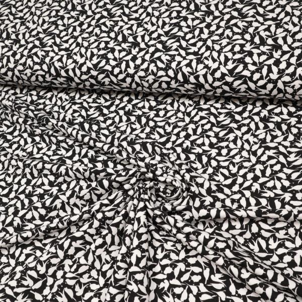 Stoff Viskose Jersey mit Vögel Design schwarz weiß Kleiderstoff Kinderstoff