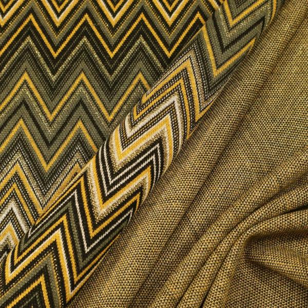 Fabric knitted fabric jacquard zig zag lurex khaki mustard black wool white gold dress fabric