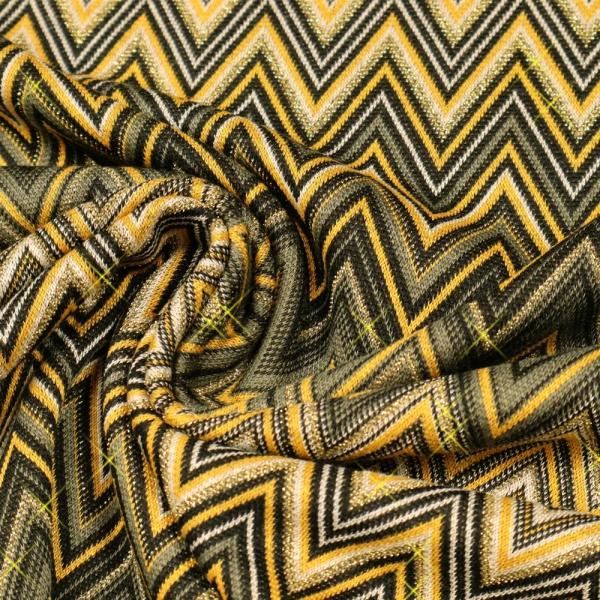 Fabric knitted fabric jacquard zig zag lurex khaki mustard black wool white gold dress fabric