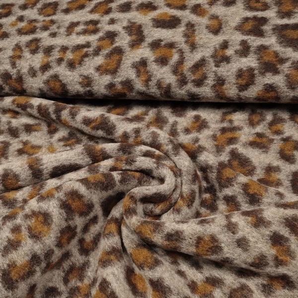 Stoff Musterwalk Walkloden Kochwolle mit Leo Panther Animal-Print Design beige braun lehm Mantelstoff Kleiderstoff