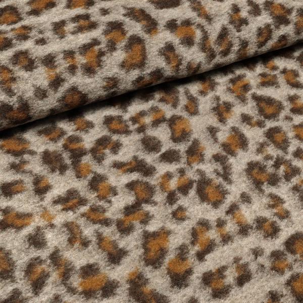 Stoff Musterwalk Walkloden Kochwolle mit Leo Panther Animal-Print Design beige braun lehm Mantelstoff Kleiderstoff
