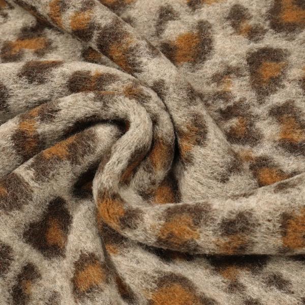 Stoff Musterwalk Walkloden Kochwolle mit Leo Panther Animal-Print Design beige braun lehm Mantelstoff Kleiderstoff