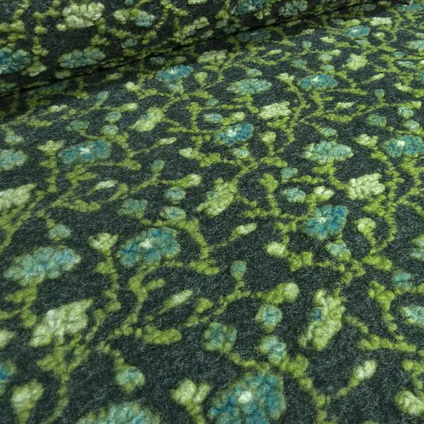 Fabric italian patterned walkloden boiled wool relief flowers tendrils anthracite green petrol coat fabric dress fabric