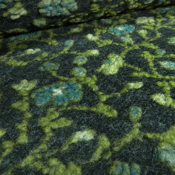 Fabric italian patterned walkloden boiled wool relief flowers tendrils anthracite green petrol coat fabric dress fabric