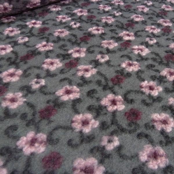 Fabric Ital. pattern walk boiled wool walkloden relief flowers tendrils gray pink bordeaux black dress fabric coat fabric