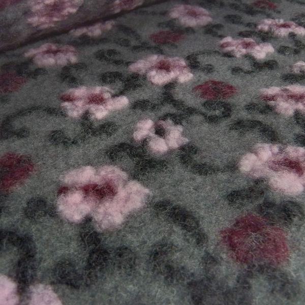 Fabric Ital. pattern walk boiled wool walkloden relief flowers tendrils gray pink bordeaux black dress fabric coat fabric