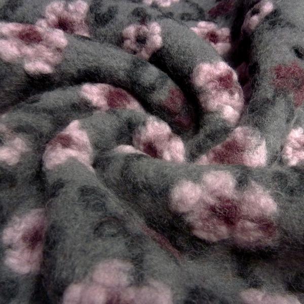 Fabric Ital. pattern walk boiled wool walkloden relief flowers tendrils gray pink bordeaux black dress fabric coat fabric