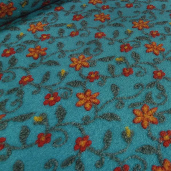 Fabric Ital. pattern walk cooking wool walkloden relief flowers petrol gray red yellow coat fabric dress fabric