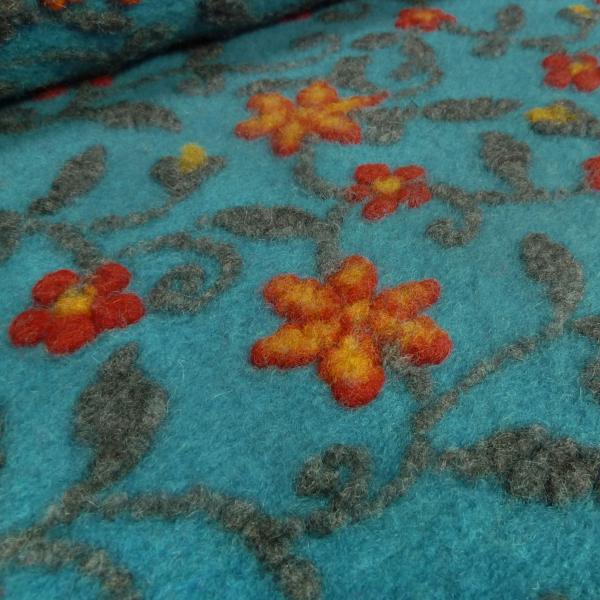 Fabric Ital. pattern walk cooking wool walkloden relief flowers petrol gray red yellow coat fabric dress fabric
