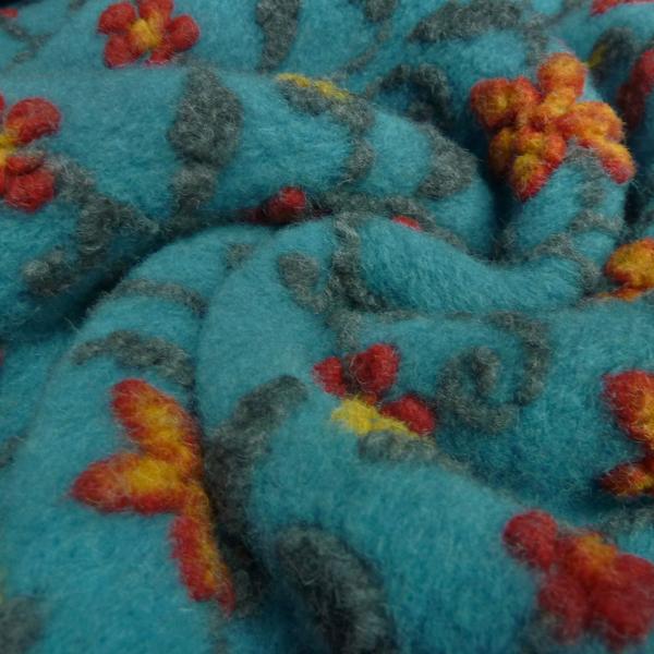 Fabric Ital. pattern walk cooking wool walkloden relief flowers petrol gray red yellow coat fabric dress fabric