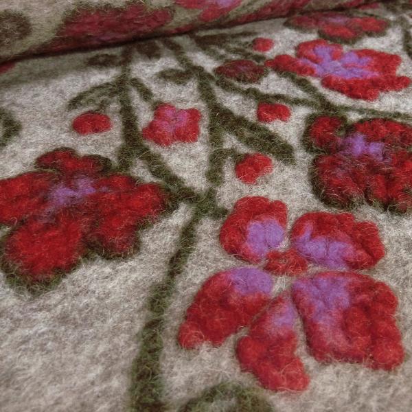 Fabric Italian patterned walkloden boiled wool relief flowers tendrils beige red lilac olive dress fabric coat fabric