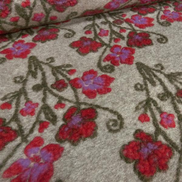 Fabric Italian patterned walkloden boiled wool relief flowers tendrils beige red lilac olive dress fabric coat fabric