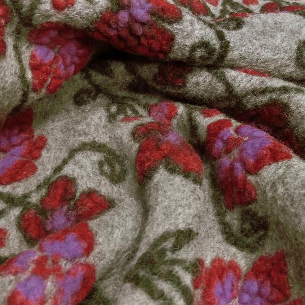 Fabric Italian patterned walkloden boiled wool relief flowers tendrils beige red lilac olive dress fabric coat fabric