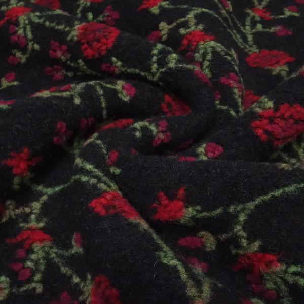 Fabric Italian patterned boiled wool boiled loden with relief floral tendrils black red green coat fabric jacket fabric