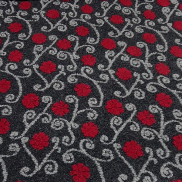 Fabric Ital. pattern walk boiled wool walkloden with relief flowers tendrils anthracite red light gray dress fabric coat fabric