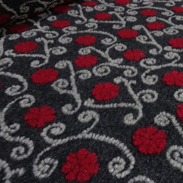 Fabric Ital. pattern walk boiled wool walkloden with relief flowers tendrils anthracite red light gray dress fabric coat fabric