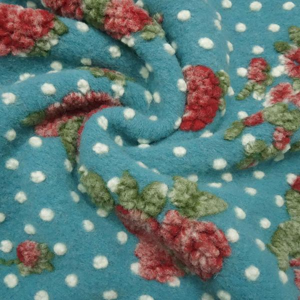 Stoff Ital. Musterwalk Walkloden Kochwolle mit Relief Blumen Punkte Design blau-türkis rot grün wollweiß Kleiderstoff Manteltstoff​
