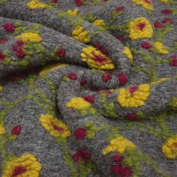 Fabric Ital. pattern walk boiled wool walkloden relief floral pattern gray yellow green berry coat fabric dress fabric