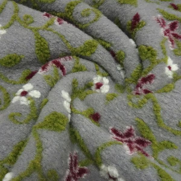 Fabric Italian pattern walk boiled wool Walkloden relief flowers tendrils gray melange green red wool white dress fabric coat fabric